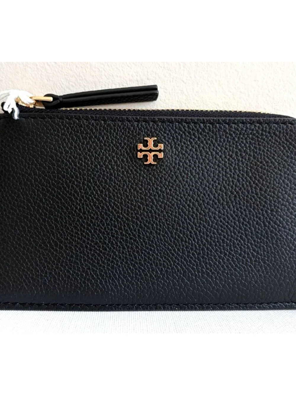 New Tory Burch Blake Zip Card Case Wallet Pebble Leather Black